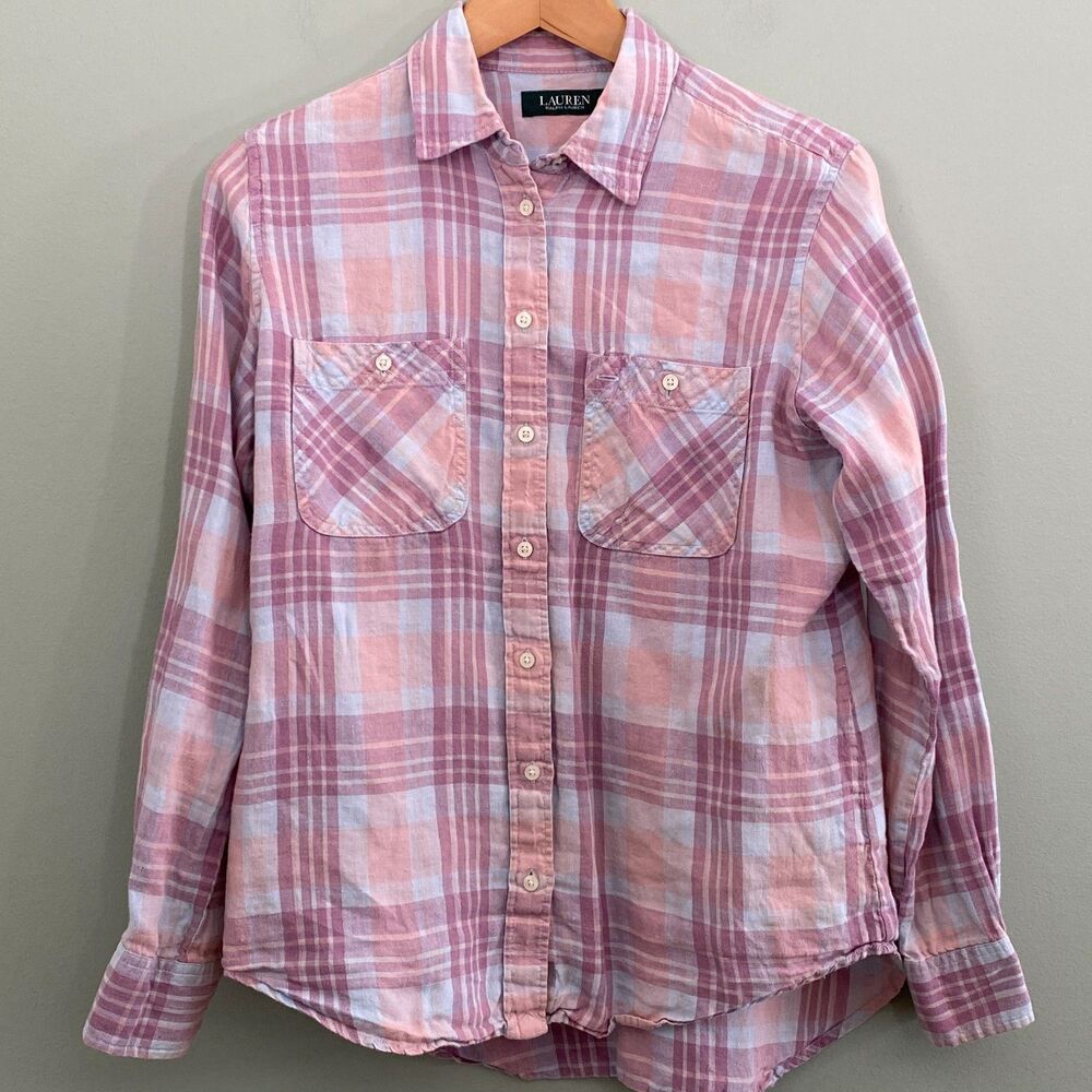Lauren Ralph Lauren Button Up Linen Shirt Womens Small Plaid Western Cowgirl